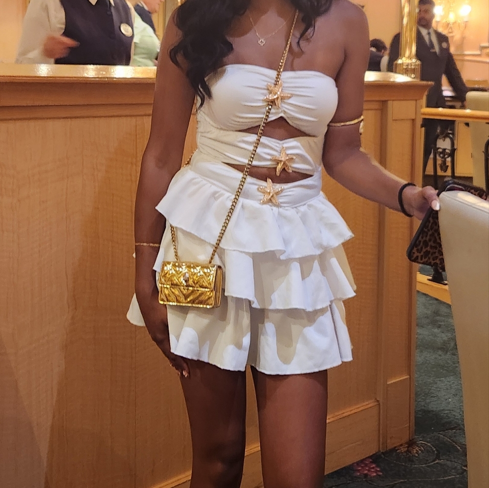 SHEIN White Strapless Dress with Gold Accents